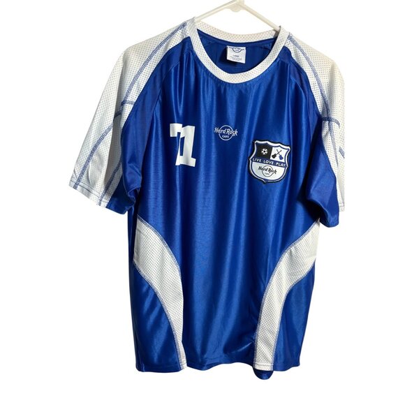 Hard Rock Cafe Blue Soccer Jersey Top Global Flag Design Large Live Love Play - Picture 2 of 10